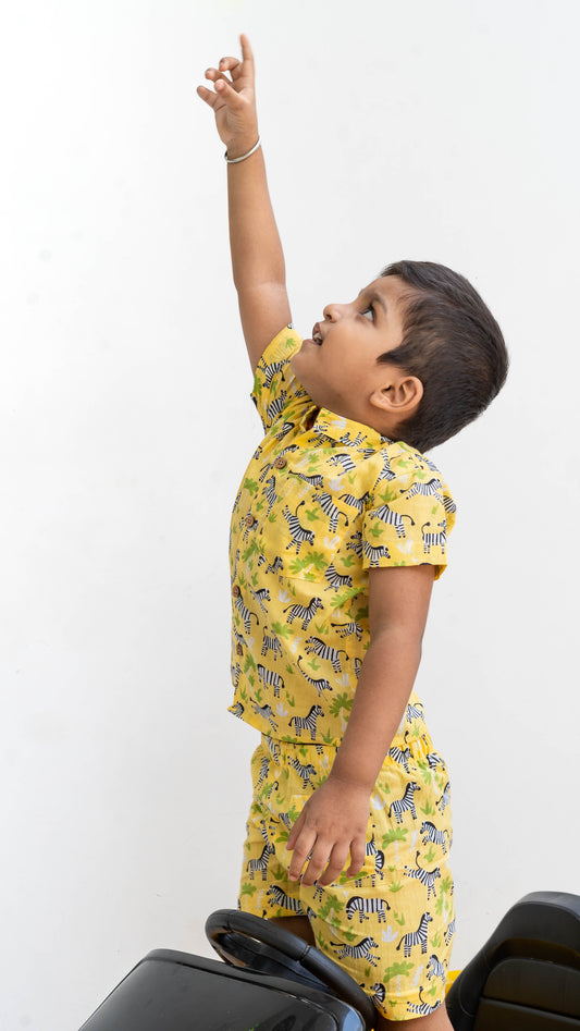 Yellow Zebra Print Cotton shirt and shorts set