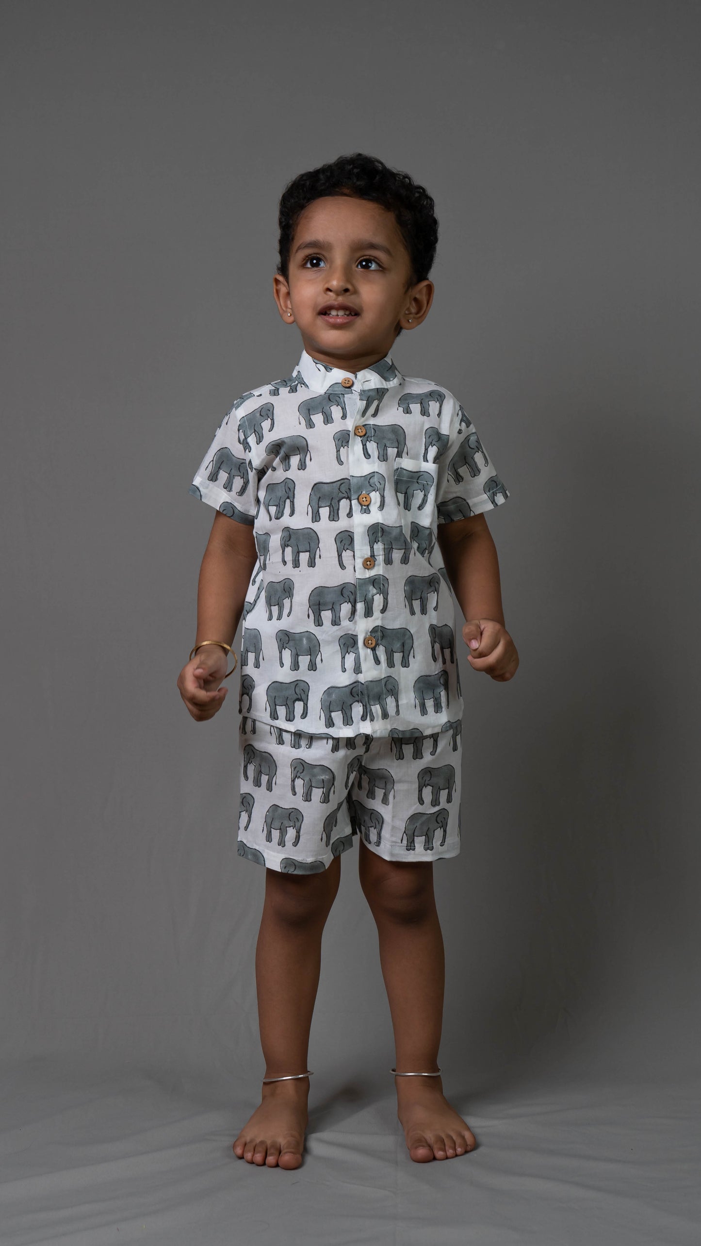 Grey Elephant Print Cotton shirt and shorts set