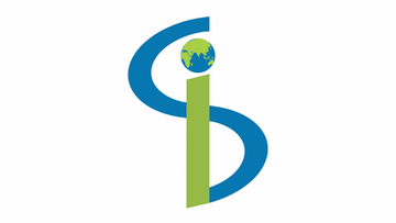 Logo with blue and green design on a white background