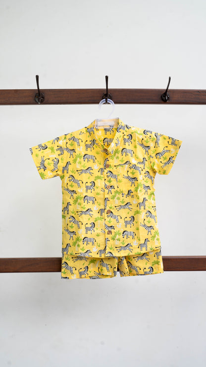 Yellow Zebra Print Cotton shirt and shorts set