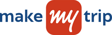 MakeMyTrip logo with red square and white text on a blue background