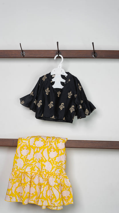 Black and Yellow Floral Print Cotton Co-ord Set