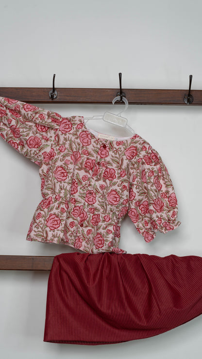 White and Maroon Floral Print Cotton Co-ord Set