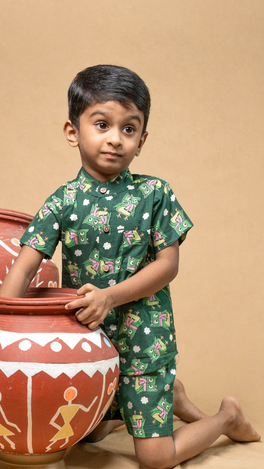 Dark Green Bird Print Cotton shirt and shorts set