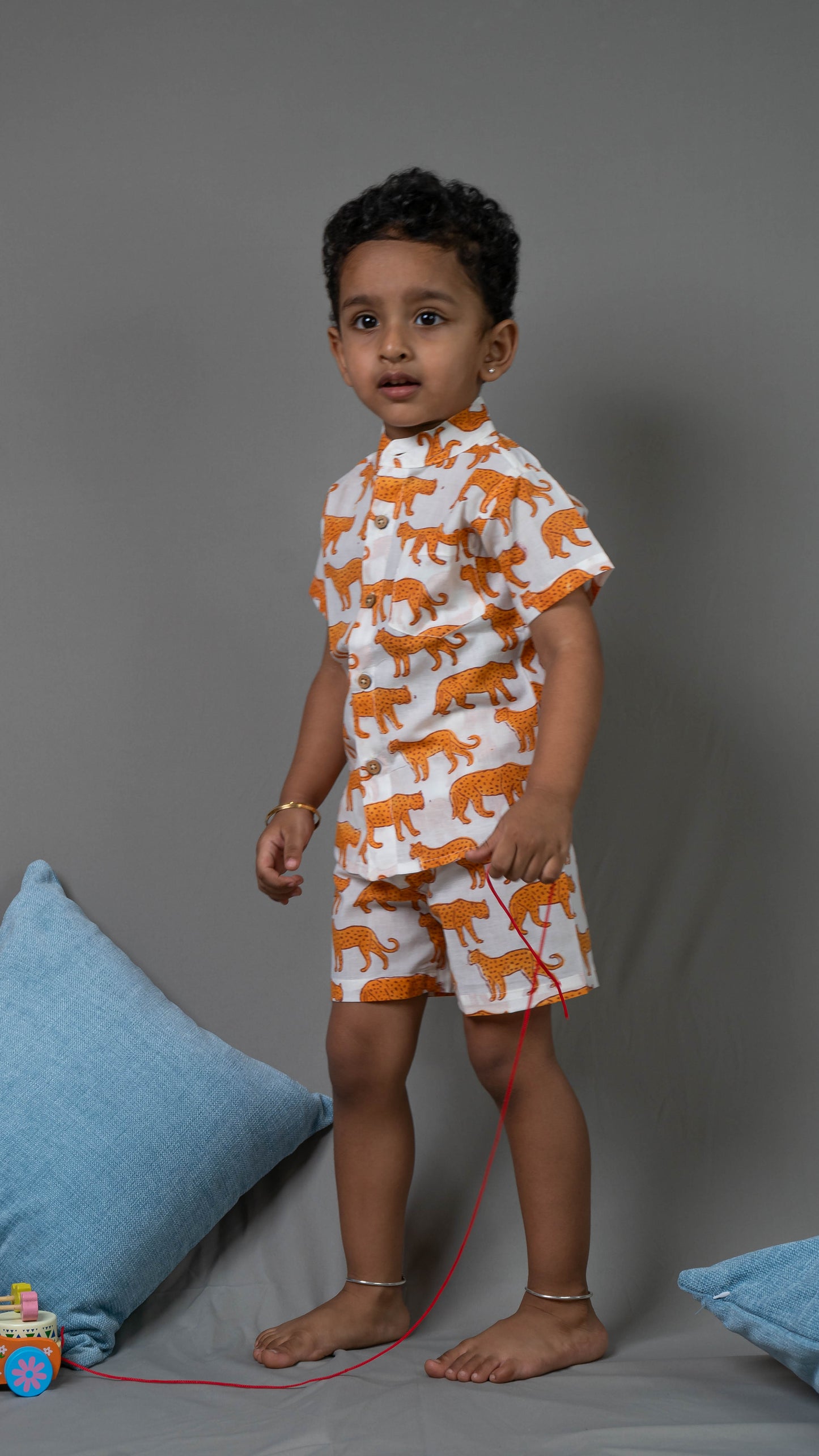 Orange Leopard print Cotton shirt and shorts set
