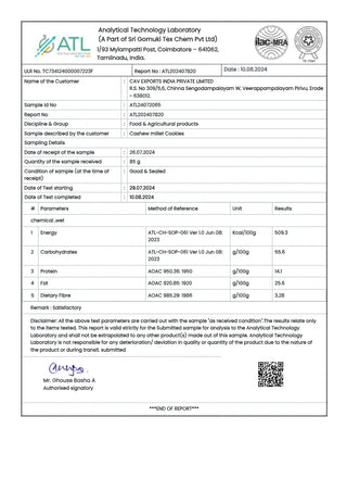 Test report - Cashew millet Cookies