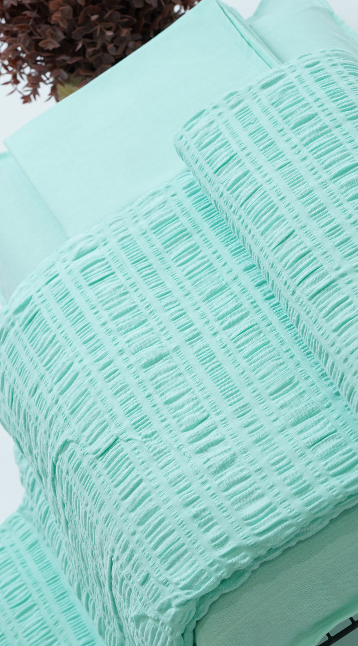 Premium handloom stripe emboss Chennimalai King Size Bedspread -  Light Sky Blue