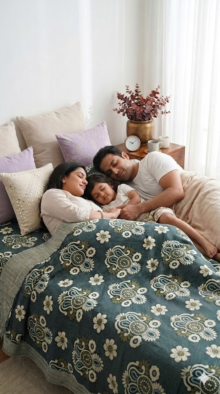 Family of three lying on a bed with a Jacquard Double Cot Bedsheet (Classic Olive)