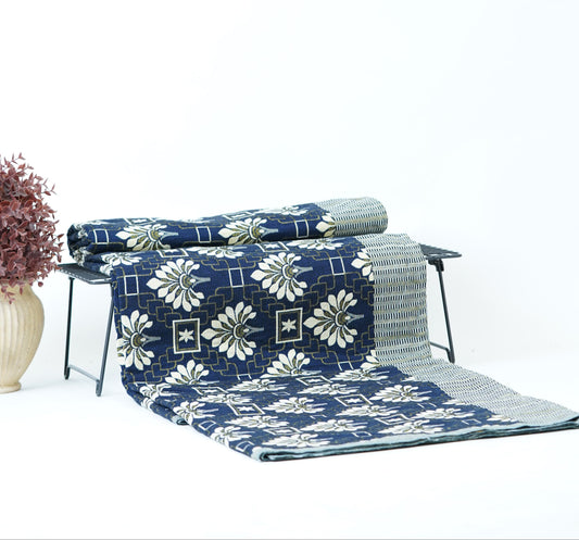 Jacquard Double Cot Bedsheet - Royal Indigo Bloom