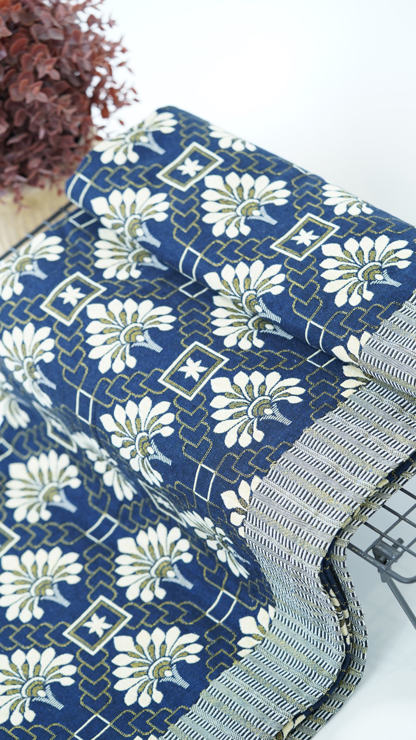 Jacquard Double Cot Bedsheet - Royal Indigo Bloom