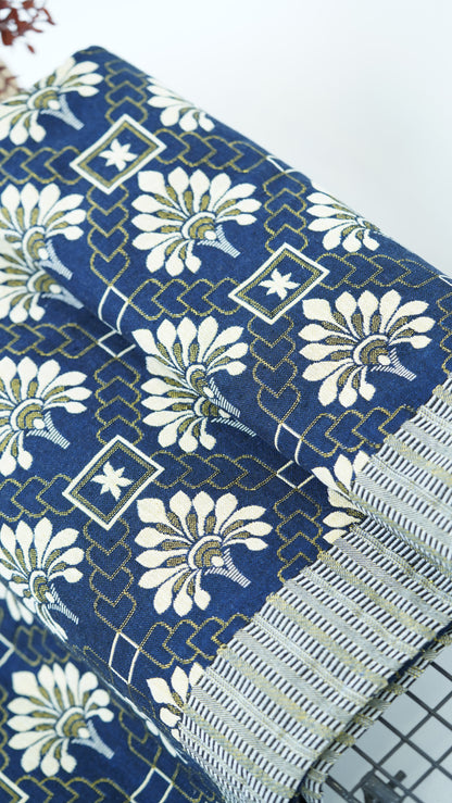 Jacquard Double Cot Bedsheet - Royal Indigo Bloom