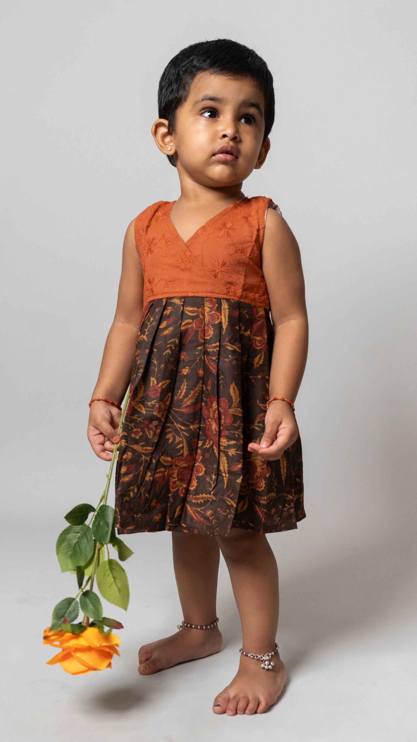 Brown Floral Two Tone Cotton Dress