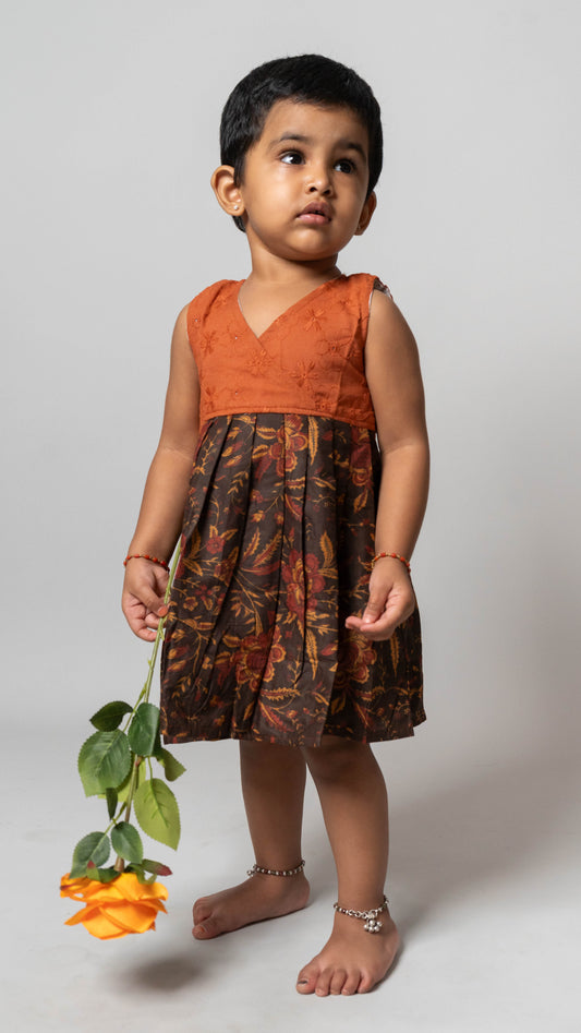 Brown Floral Two Tone Cotton Dress