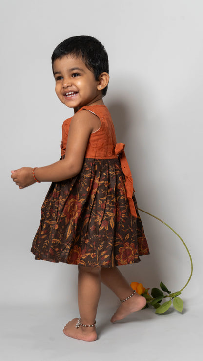 Brown Floral Two Tone Cotton Dress