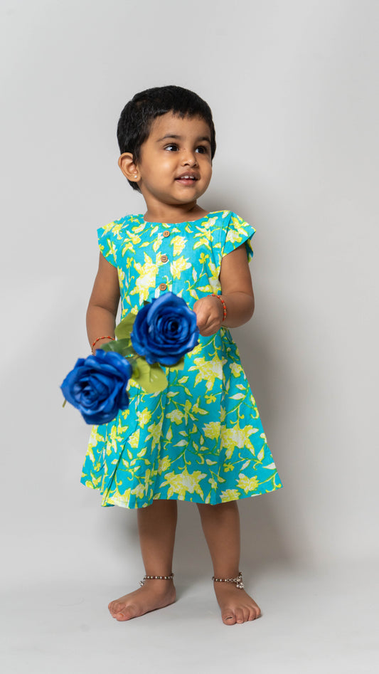 Blue and Yellow Floral Cotton Dress