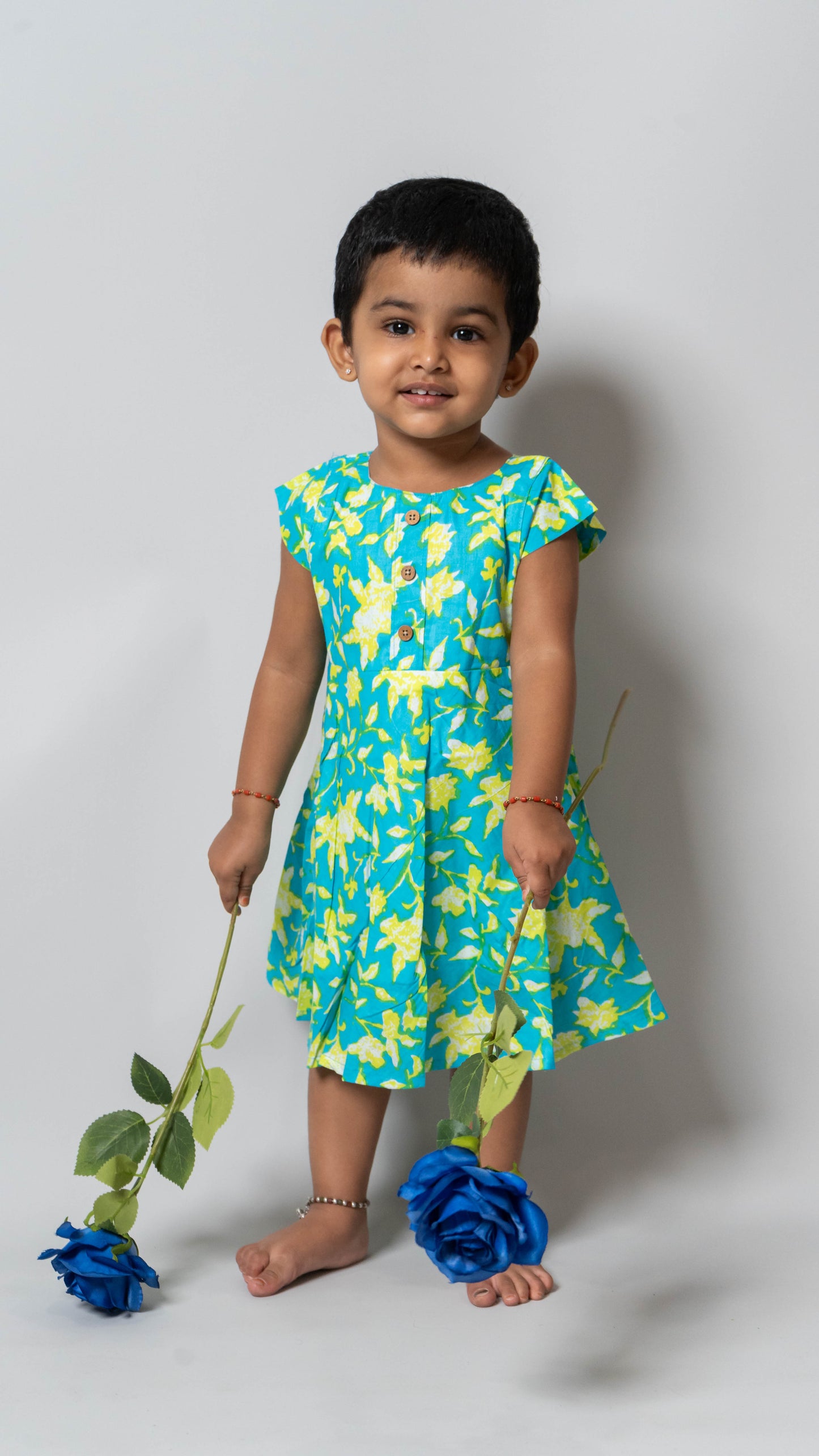Blue and Yellow Floral Cotton Dress