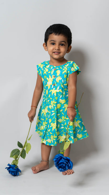Blue and Yellow Floral Cotton Dress