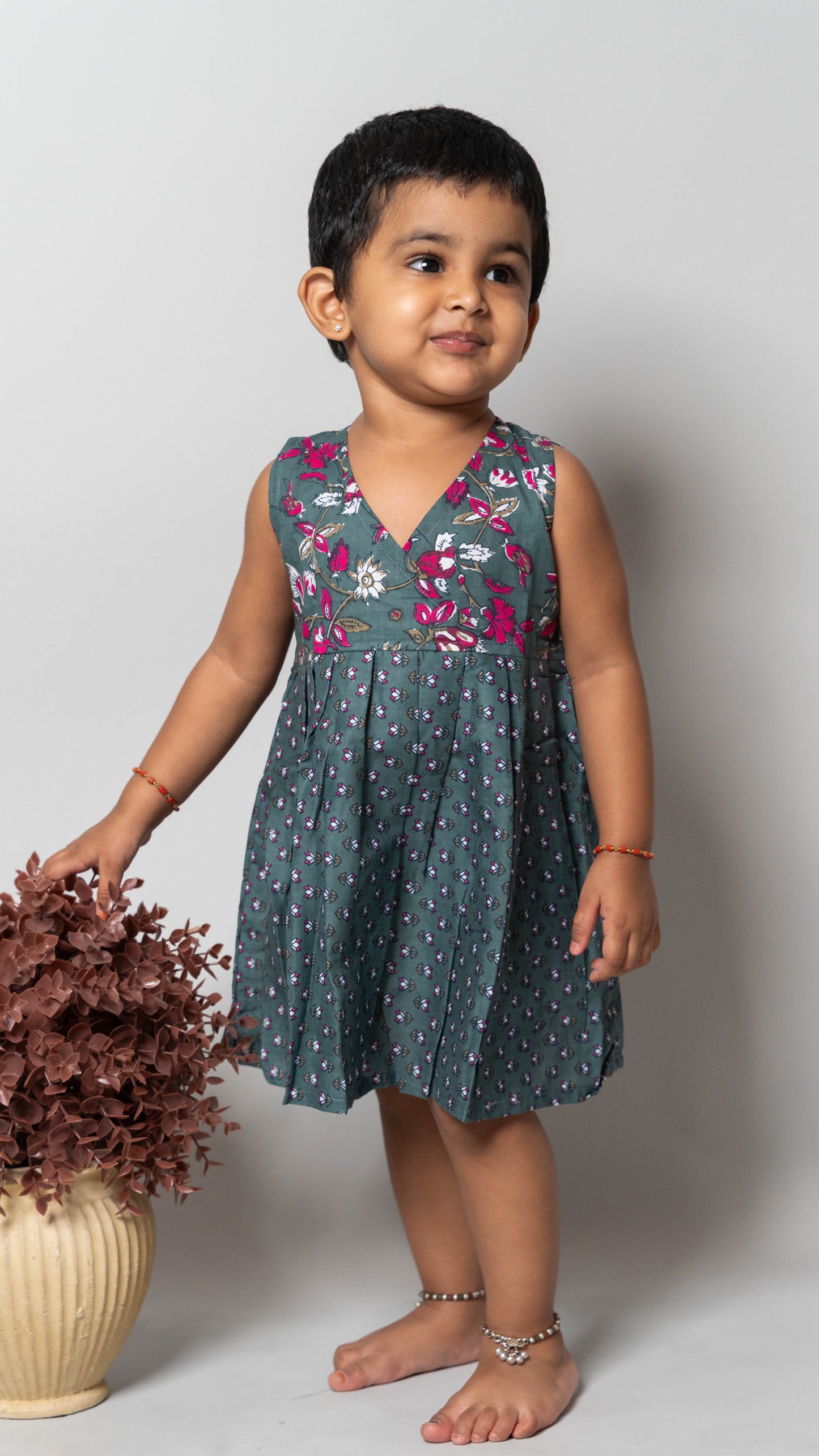 Grey and Pink Floral Cotton Dress