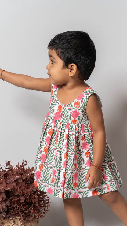 White Floral Print Cotton Dress
