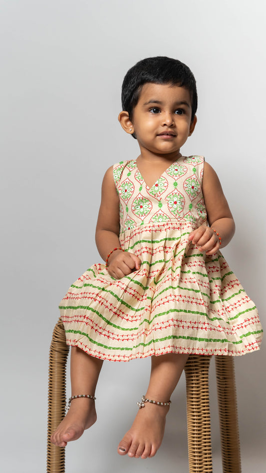 Beige Multi-colour Pattern Cotton Dress