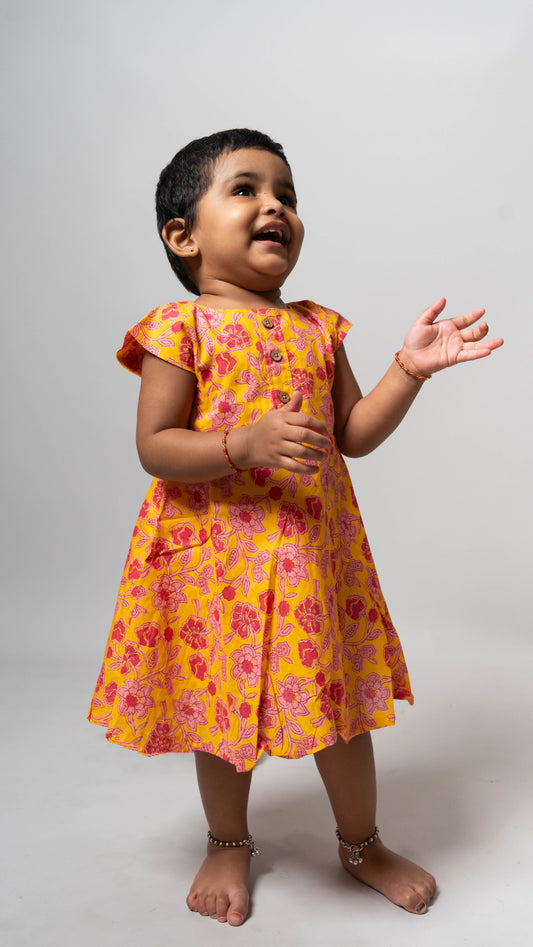 Yellow With Pink Floral Print Cotton Dress