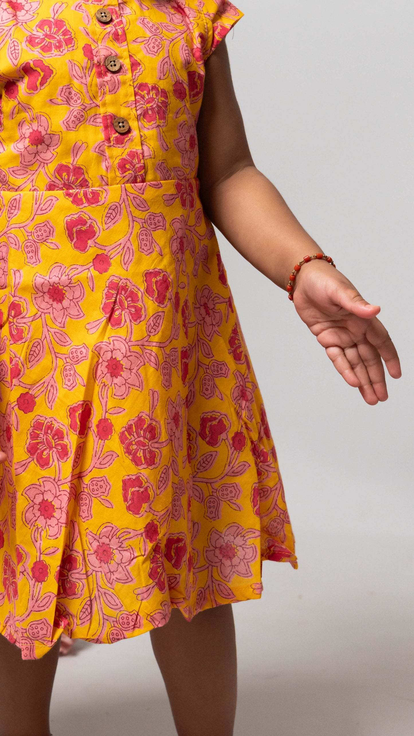 Yellow With Pink Floral Print Cotton Dress