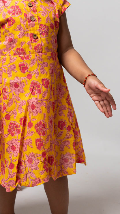Yellow With Pink Floral Print Cotton Dress