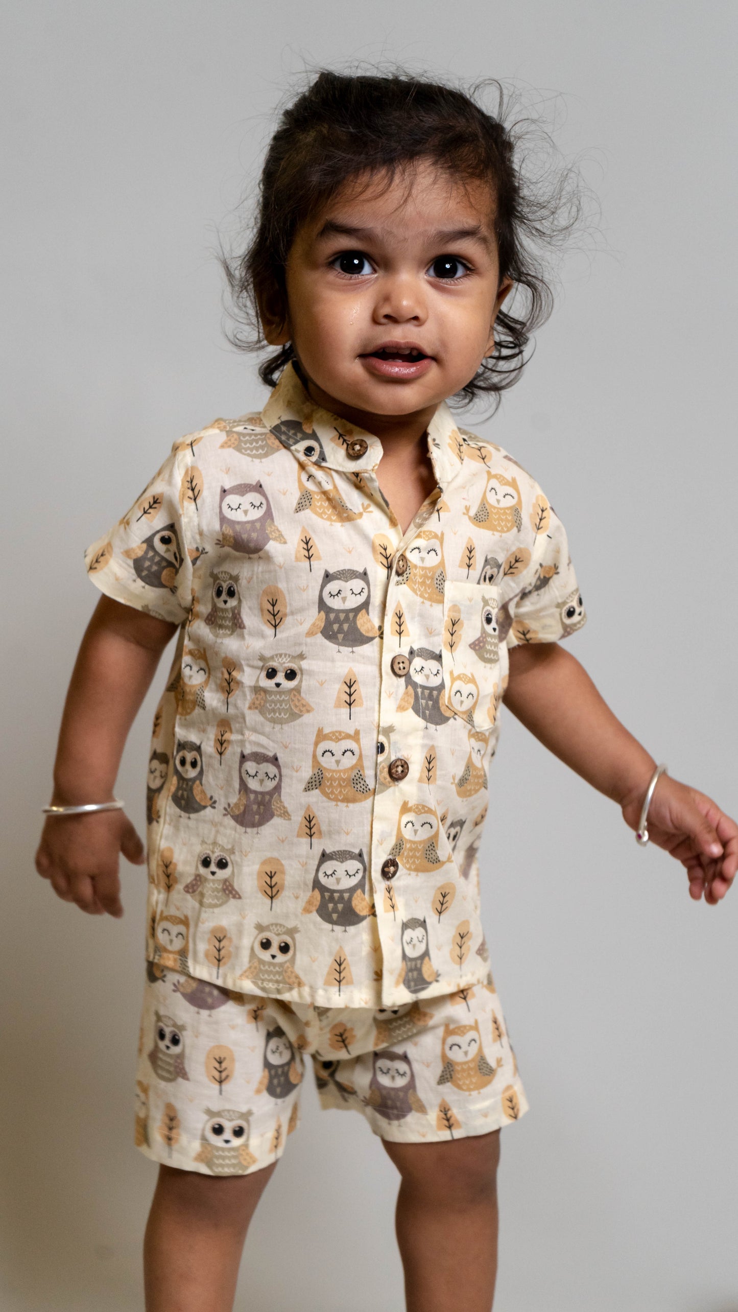 Beige Owl Print Cotton shirt and shorts set