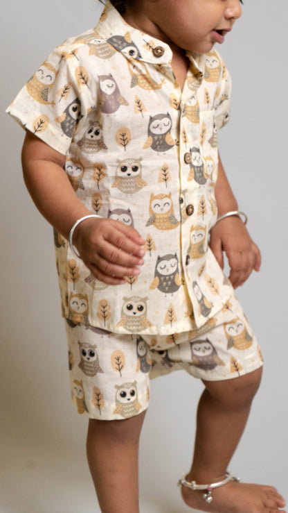 Beige Owl Print Cotton shirt and shorts set