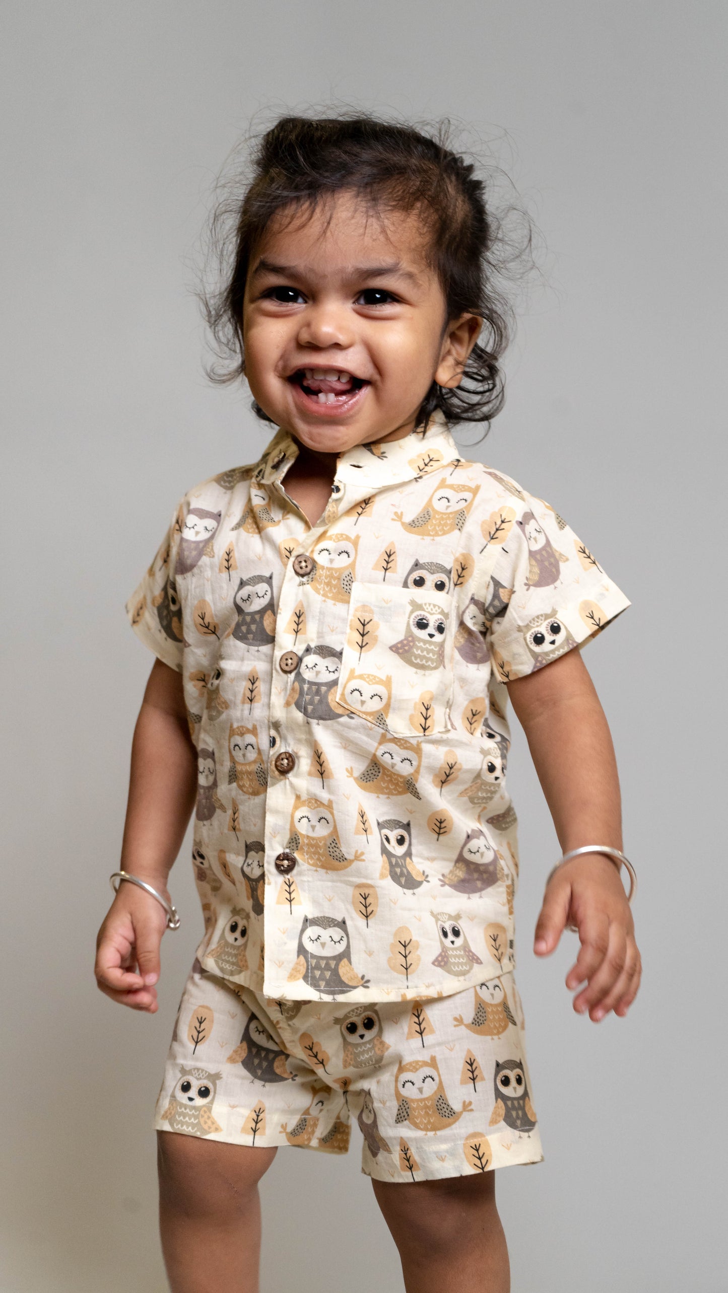 Beige Owl Print Cotton shirt and shorts set