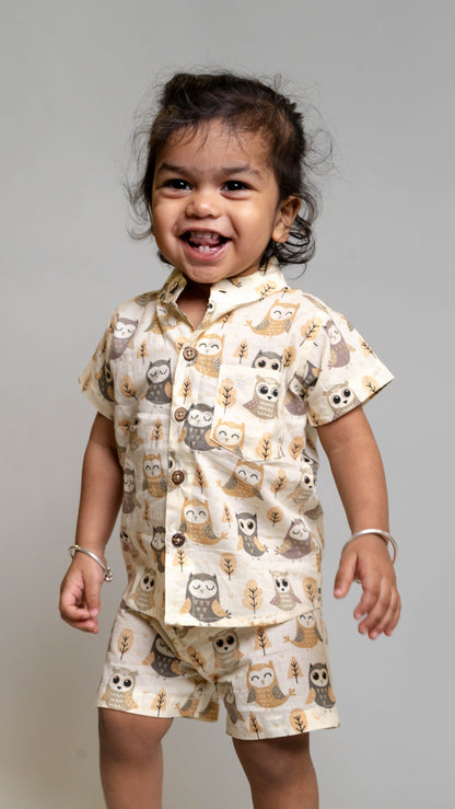 Beige Owl Print Cotton shirt and shorts set