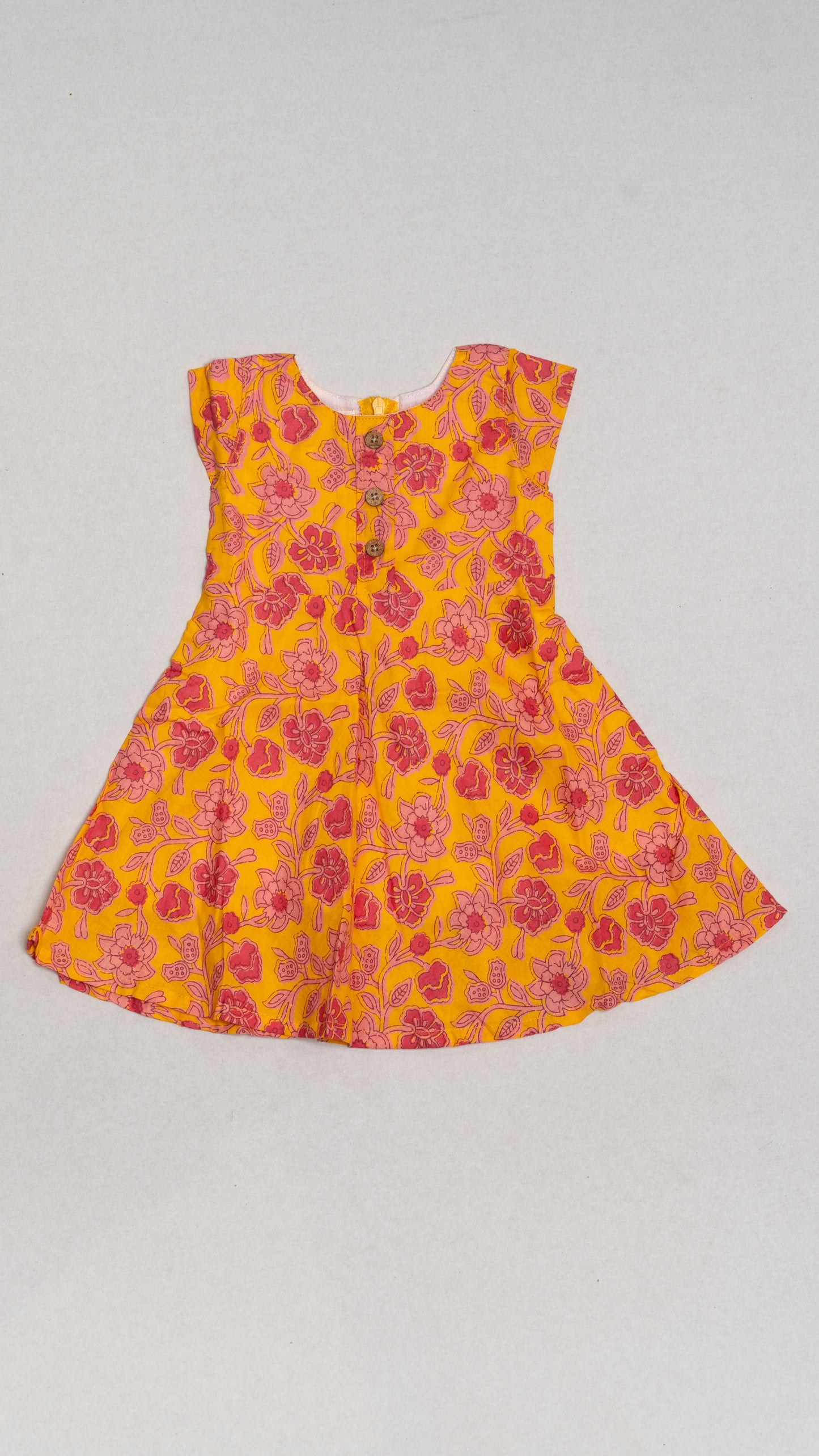 Yellow With Pink Floral Print Cotton Dress