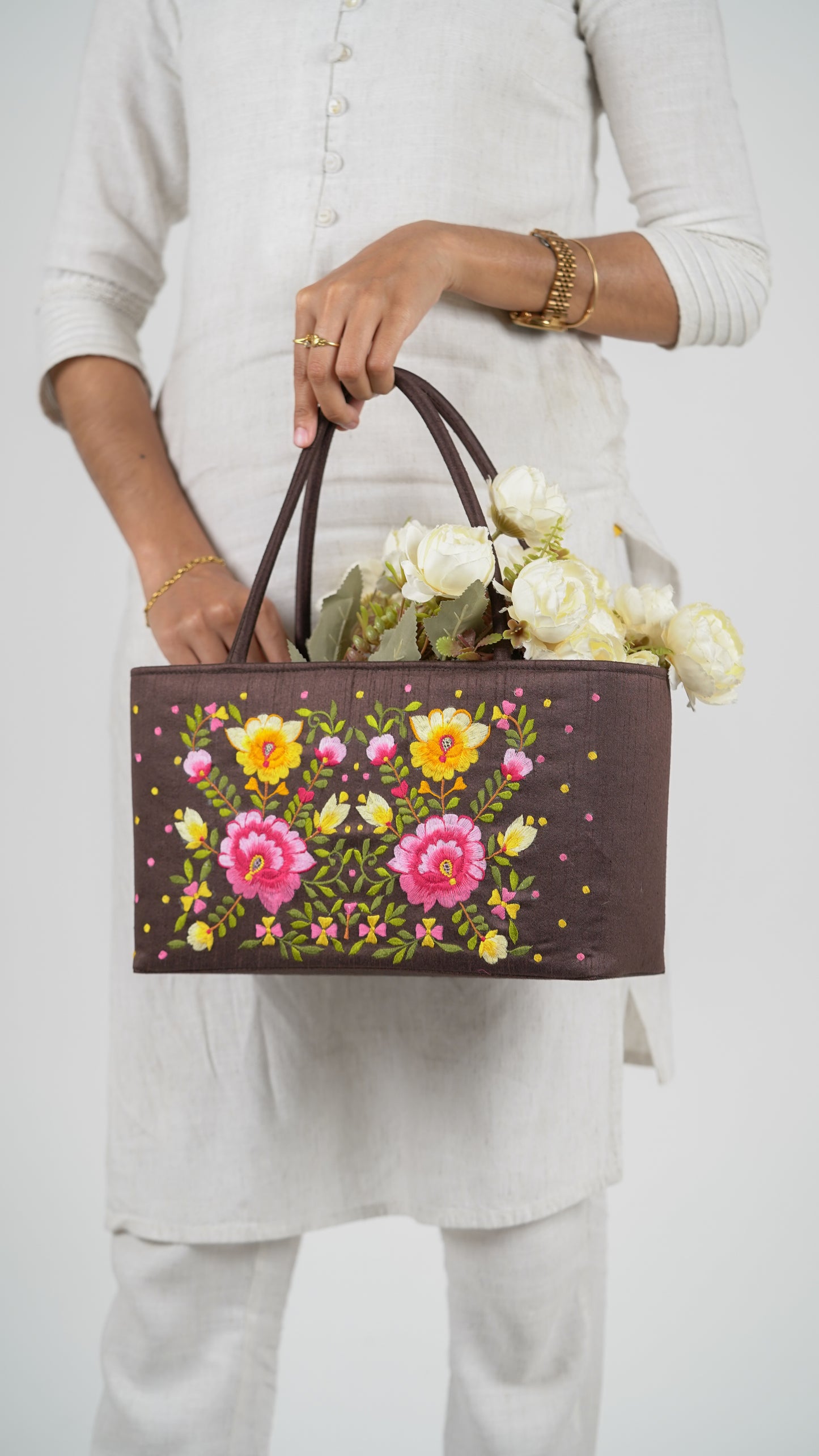 Brown Hamper Bag With Flowers - Medium