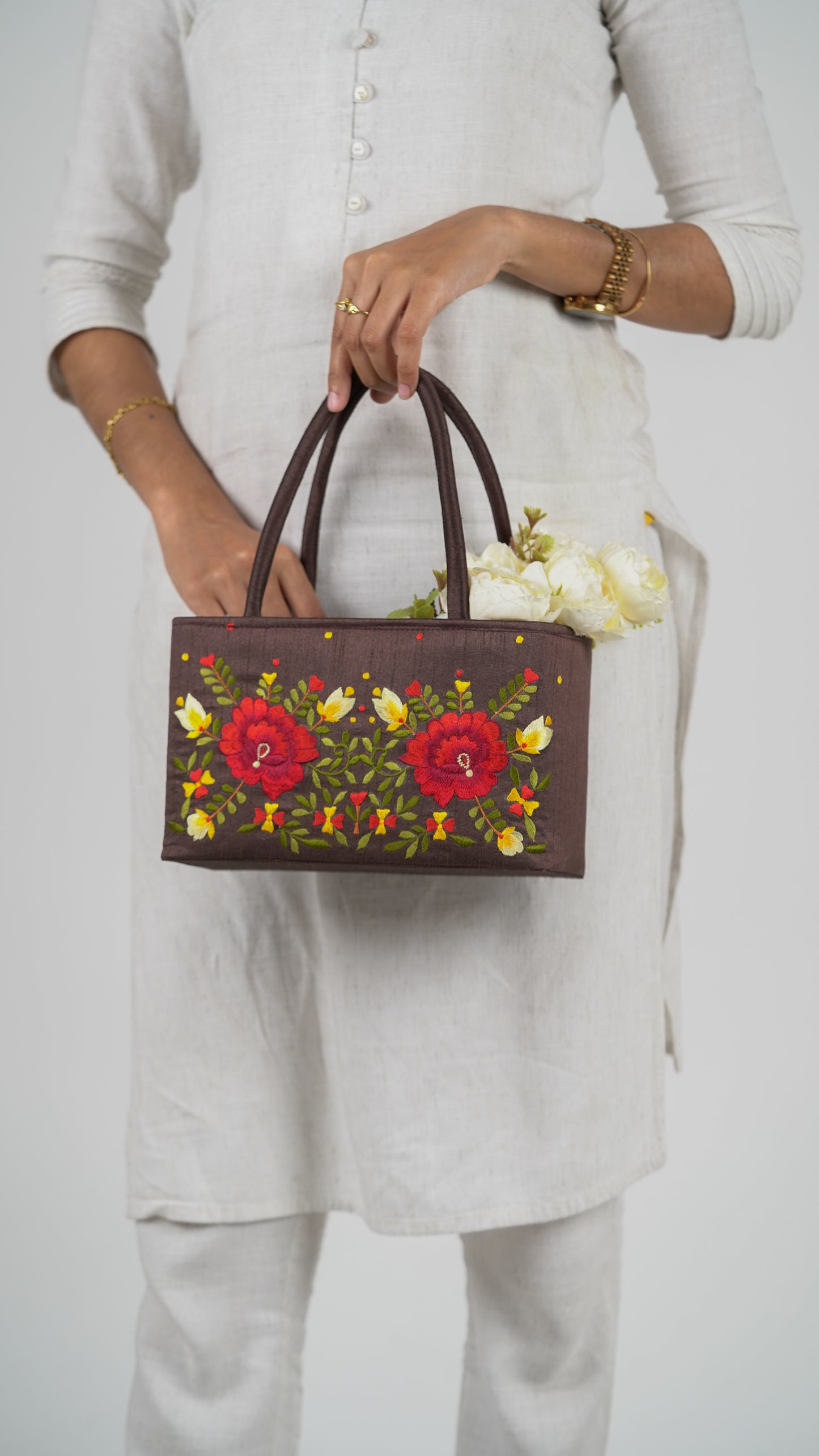 Brown Hamper Bag With Flowers - Small