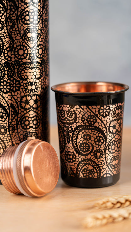 Black Printed Copper Water Bottle with 1 Glass Set