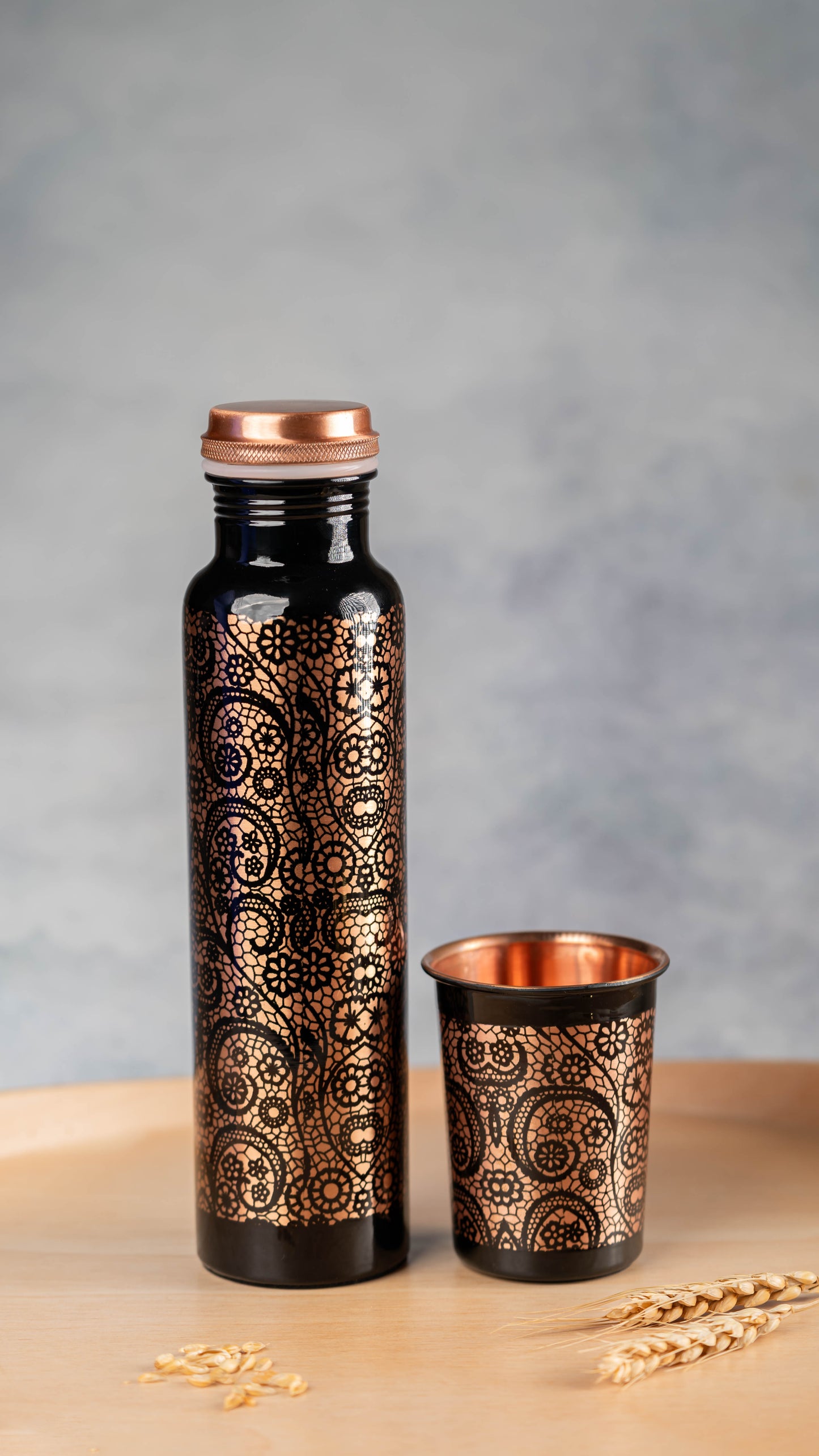 Black Printed Copper Water Bottle with 1 Glass Set