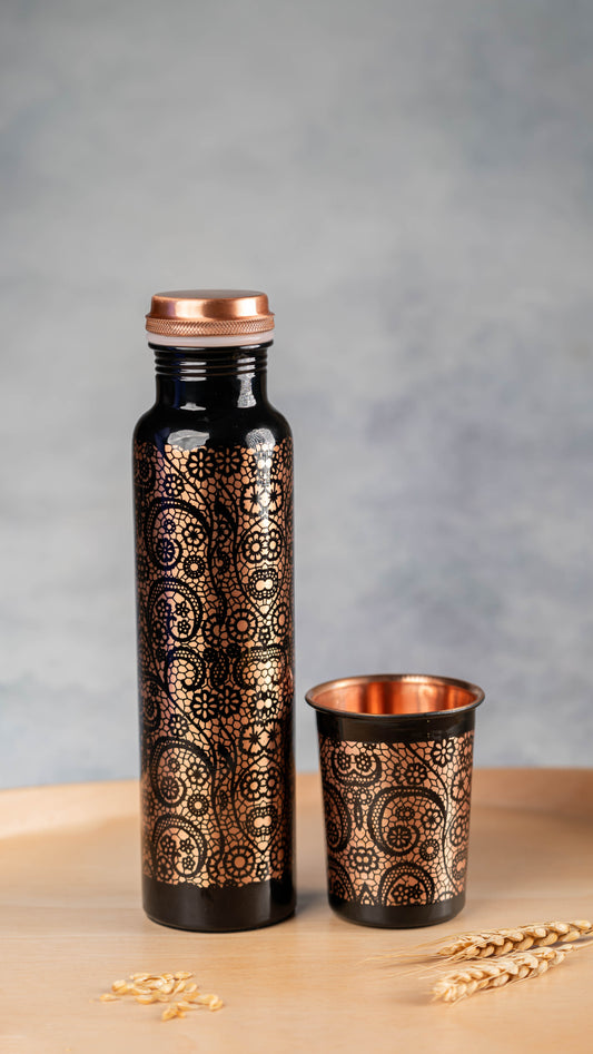 Black Printed Copper Water Bottle with 1 Glass Set