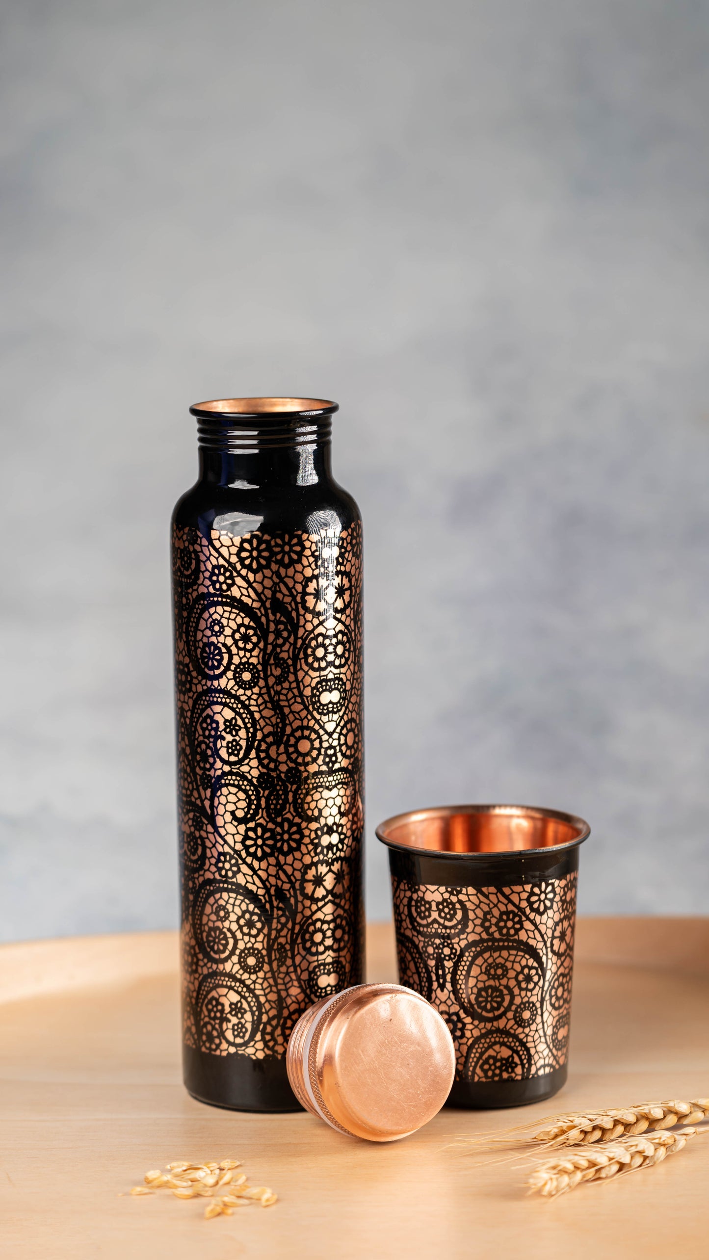 Black Printed Copper Water Bottle with 1 Glass Set