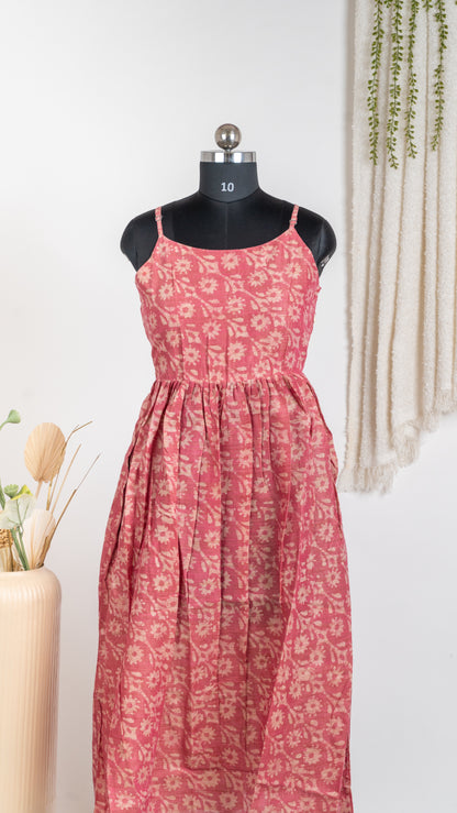 Coral Pink Ethnic Print Dupion Sleeveless Maxi Dress