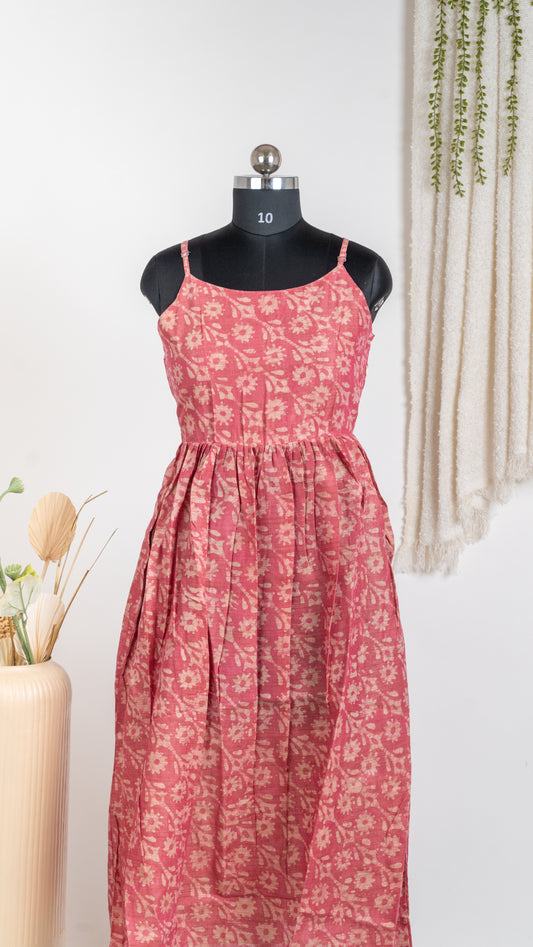 Coral Pink Ethnic Print Dupion Sleeveless Maxi Dress
