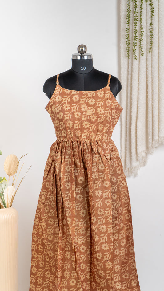 Rust Brown Ethnic Print Dupion Sleeveless Dress