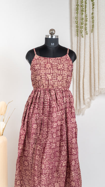 Maroon Abstract Print Dupion Sleeveless Dress