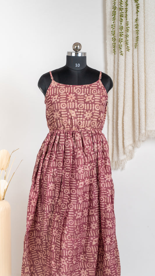 Maroon Abstract Print Dupion Sleeveless Dress