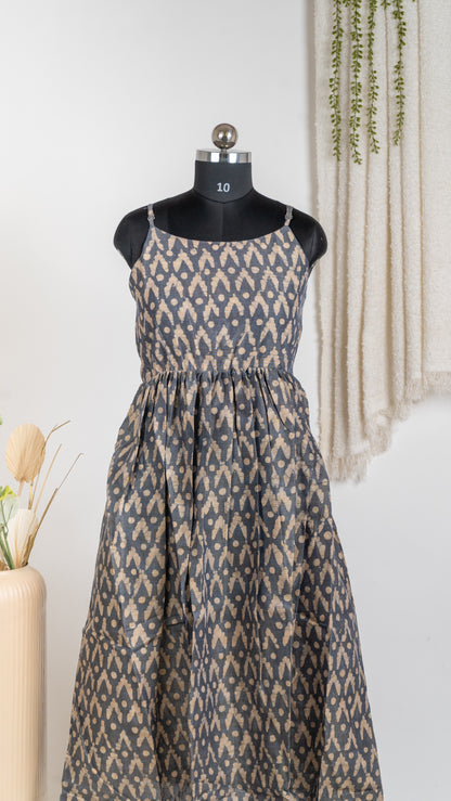 Grey Ikat Print Dupion Sleeveless Dress