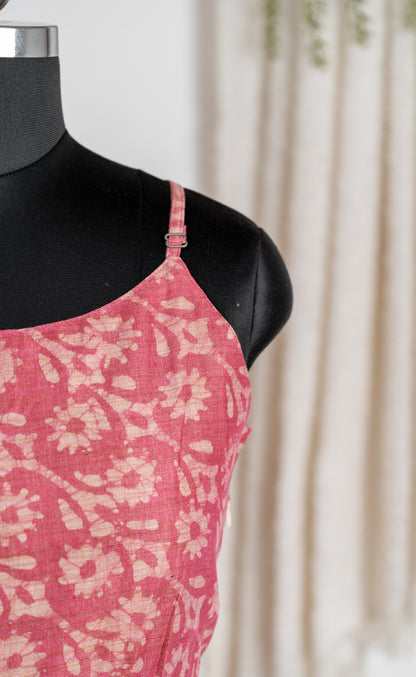 Coral Pink Ethnic Print Dupion Sleeveless Maxi Dress