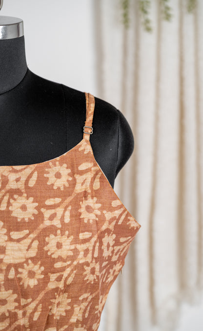 Rust Brown Ethnic Print Dupion Sleeveless Dress