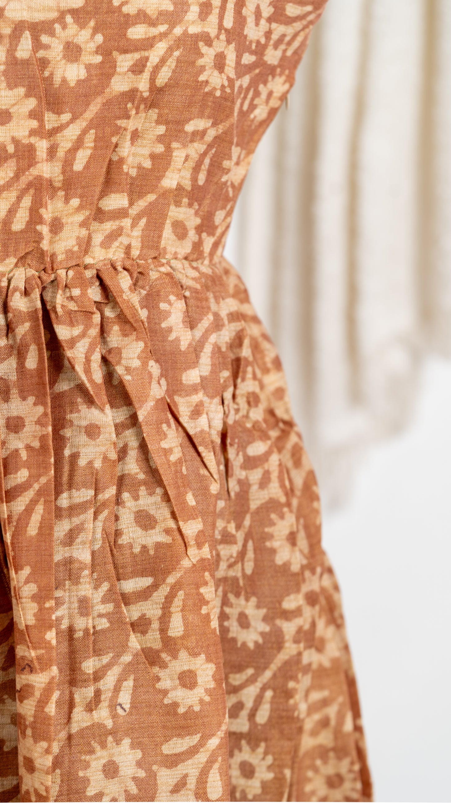 Rust Brown Ethnic Print Dupion Sleeveless Dress