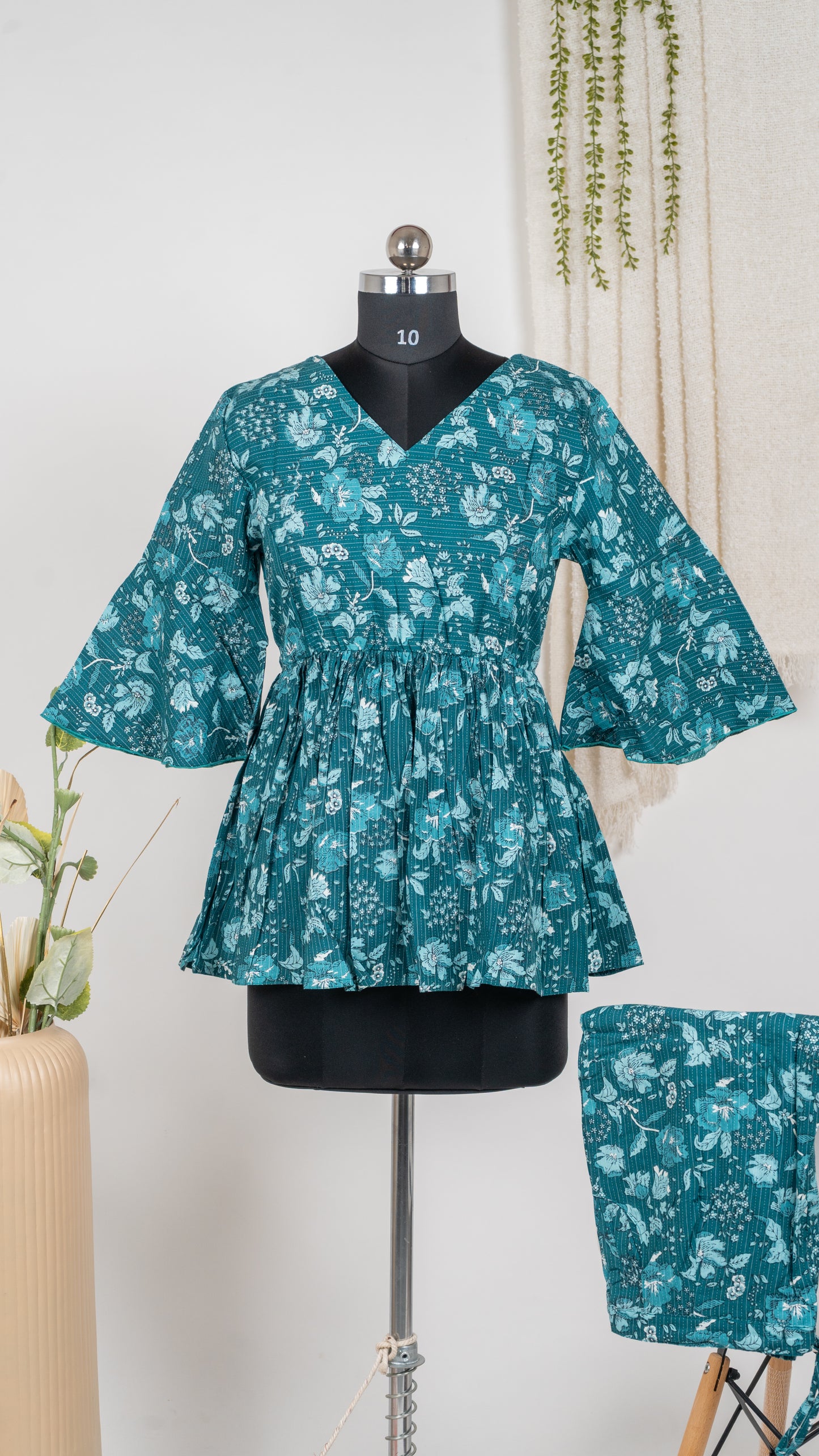Teal Floral Cotton Co-Ord Set with Bell Sleeves