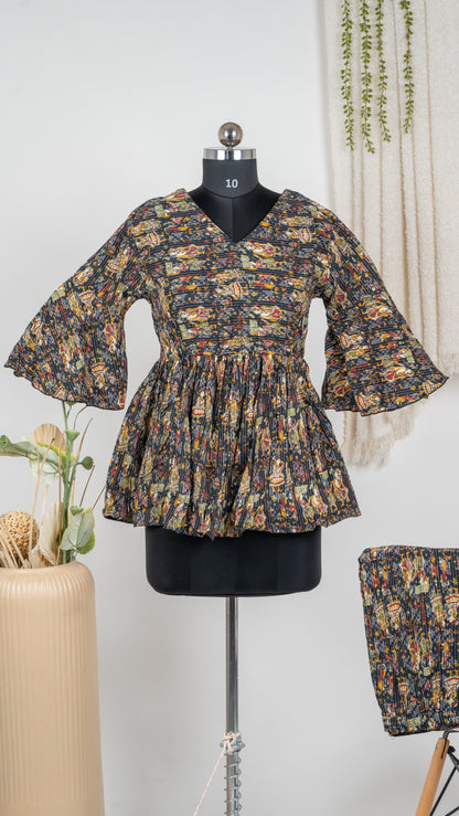 Black Multicolor Floral Cotton Co-Ord Set with Bell Sleeves