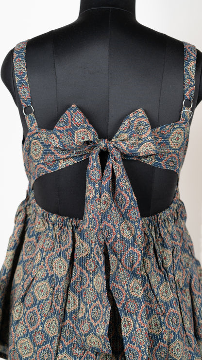 Indigo Medallion Print Cotton Tie-Back Dress